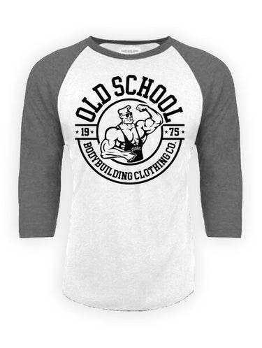 3/4 Sleeve "1975 Mono" on Grey and Heather White Baseball Tee - Old School Bodybuilding Clothing Co.