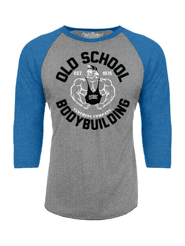 3/4 Sleeve "Emblem" Royal & Grey Baseball Tee - Old School Bodybuilding Clothing Co.