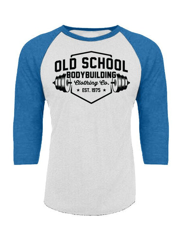 3/4 Sleeve "Shield" Royal & White Baseball Tee - Old School Bodybuilding Clothing Co.