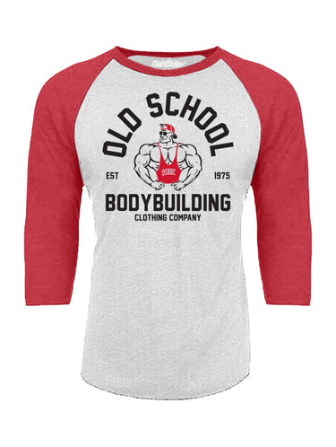 3/4 Sleeve "Vintage Gold's" on Red & Heather White Baseball Tee - Old School Bodybuilding Clothing Co.