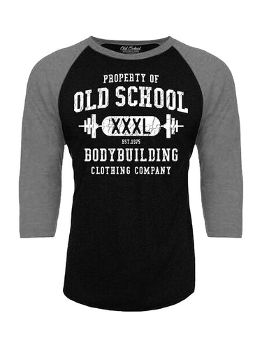 3/4 Sleeve "Vintage Property" Black & Gray Baseball Tee - Old School Bodybuilding Clothing Co.