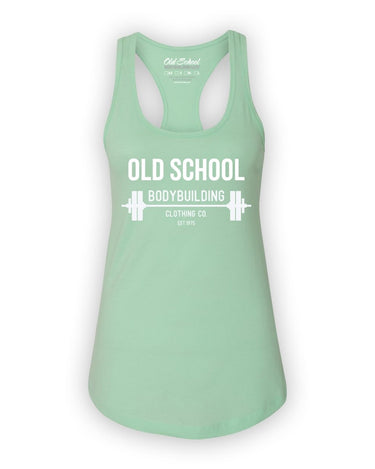 Ladies "Barbell Mono" Mint & Orange Racerback Tank - Old School Bodybuilding Clothing Co.