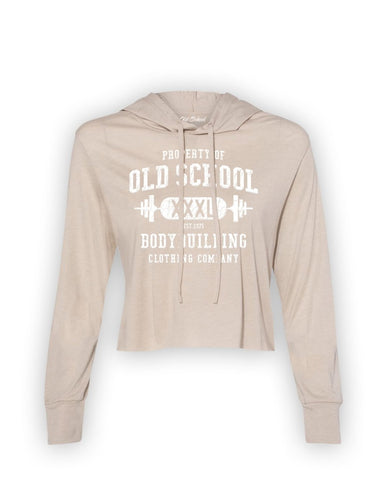 Ladies "Vintage Property" Flesh Crop Hoodie - Old School Bodybuilding Clothing Co.