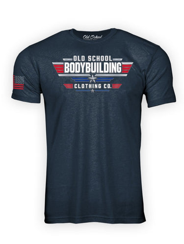 Maverick Red White & Blue on Navy Blue 60/40 Tee Shirt - Old School Bodybuilding Clothing Co.
