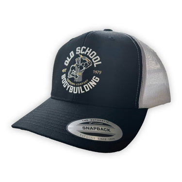 Olympia 2025 "Emblem" Black & White Trucker Hat - Old School Bodybuilding Clothing Co.