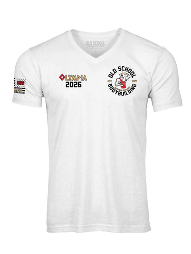 Olympia 2026 White 60/40 V Neck Tee Shirt - Old School Bodybuilding Clothing Co.