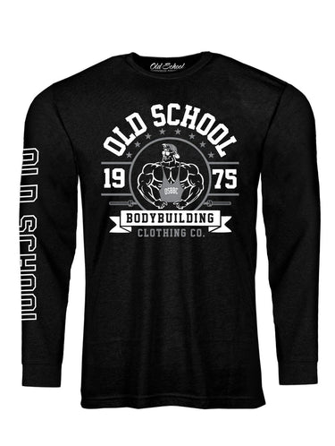 OS "1975 Barbell" Black Long Sleeve 60/40 Tee - Old School Bodybuilding Clothing Co.