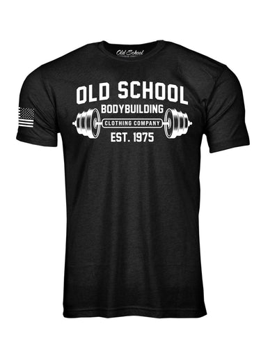 OS "Barbell" Black Heather 60/40 Tee Shirt - Old School Bodybuilding Clothing Co.