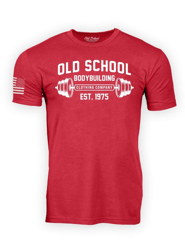 OS "Barbell" Cherry Red Heather 60/40 Tee Shirt - Old School Bodybuilding Clothing Co.