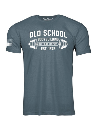 OS "Barbell" Slate Blue Heather 60/40 Tee Shirt - Old School Bodybuilding Clothing Co.