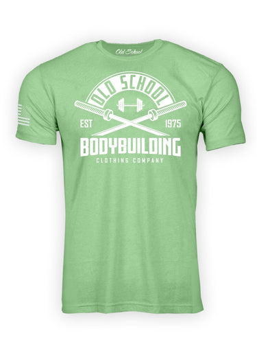 OS "Cross Barbell" Apple Green Heather 60/40 Tee Shirt - Old School Bodybuilding Clothing Co.