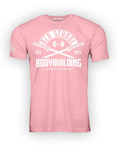 OS "Cross Barbell" Light Pink Heather 60/40 Tee Shirt - Old School Bodybuilding Clothing Co.