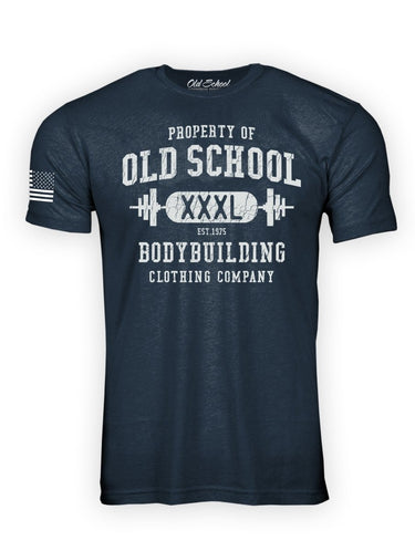 OS "Property Of" Navy Blue Heather 60/40 Tee Shirt - Old School Bodybuilding Clothing Co.