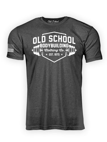 OS "Shield" Charcoal Heather 60/40 Tee Shirt - Old School Bodybuilding Clothing Co.