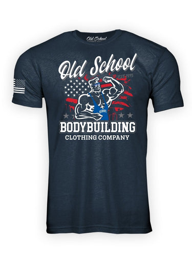 OS "Stars & Stripes" Heather Navy 60/40 Tee Shirt - Old School Bodybuilding Clothing Co.