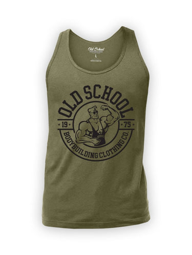 OS Tank Top "1975 Circle" Black on Mil Green - Old School Bodybuilding Clothing Co.