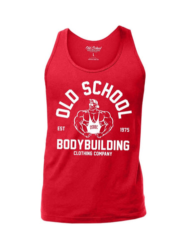 OS Tank Top "Vintage Golds" White on Red - Old School Bodybuilding Clothing Co.
