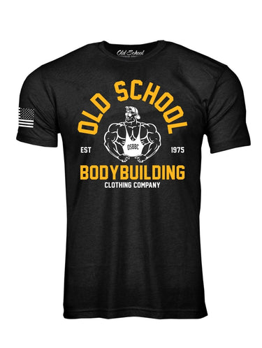 OS "Vintage Gold's" Heather Black 60/40 Tee Shirt - Old School Bodybuilding Clothing Co.