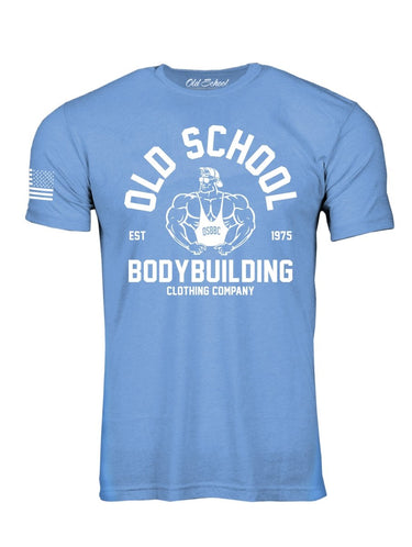 OS "Vintage Gold's" Mono Columbia Blue Heather 60/40 Tee Shirt - Old School Bodybuilding Clothing Co.