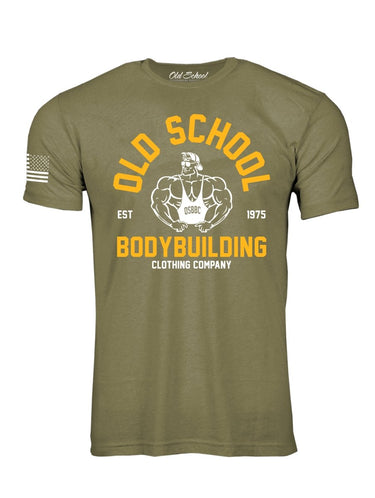 OS "Vintage Gold's" Yellow & White Lt. Olive Heather 60/40 Tee Shirt - Old School Bodybuilding Clothing Co.