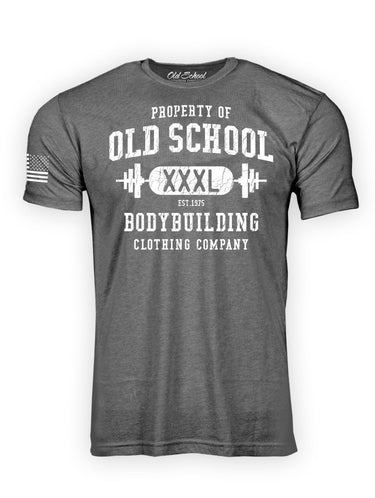 OS "Vintage Property Of" White on Heavy Metal Heather 60/40 Tee Shirt - Old School Bodybuilding Clothing Co.