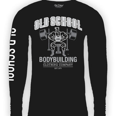 Classic Box Cut "Bench & Under Construction" Long Sleeve Black T-Shirt - Old School Bodybuilding Clothing Co.
