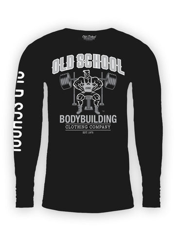 Classic Box Cut "Bench & Under Construction" Long Sleeve Black T-Shirt - Old School Bodybuilding Clothing Co.