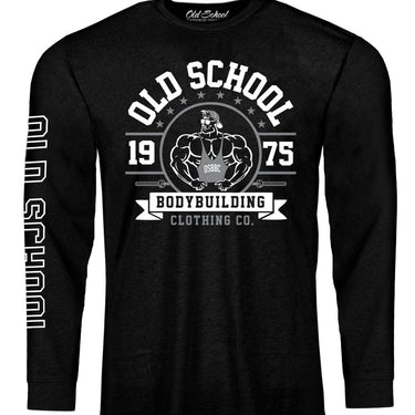 OS "1975 Barbell" Black Long Sleeve 60/40 Tee - Old School Bodybuilding Clothing Co.