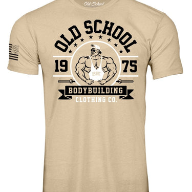 OS "1975 Barbell" Heather Tan 60/40 Tee Shirt - Old School Bodybuilding Clothing Co.