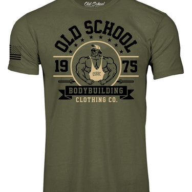 OS "1975 Barbell" Mil Green 60/40 Tee Shirt - Old School Bodybuilding Clothing Co.