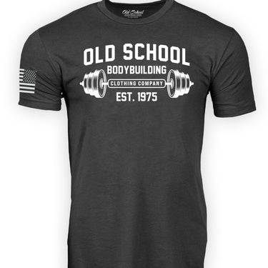 OS "Barbell" Charcoal Heather 60/40 Tee Shirt - Old School Bodybuilding Clothing Co.