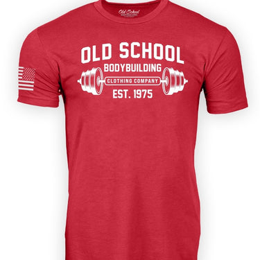 OS "Barbell" Cherry Red Heather 60/40 Tee Shirt - Old School Bodybuilding Clothing Co.