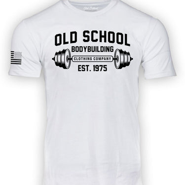 OS "Barbell & Fish" White Tee Shirt - Old School Bodybuilding Clothing Co.