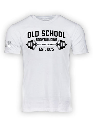 OS "Barbell & Fish" White Tee Shirt - Old School Bodybuilding Clothing Co.