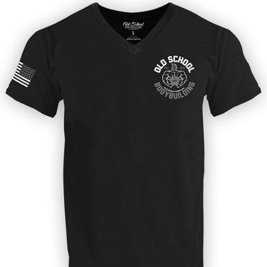 OS "Emblem" Heather V Neck Black 60/40 Tee Shirt - Old School Bodybuilding Clothing Co.