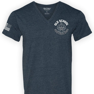 OS "Emblem & If You Hate Math" Navy Heather V - Neck 60/40 Tee Shirt - Old School Bodybuilding Clothing Co.