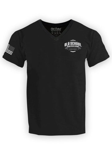 OS "Marquee" Black Heather 60/40 V Neck Tee - Old School Bodybuilding Clothing Co.
