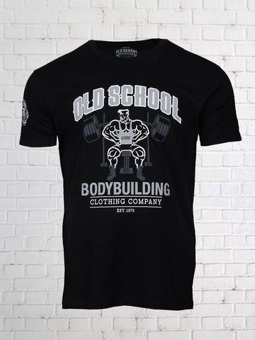 Old School Bodybuilding Gym Shirt with Man Benching Barbell, and XXXL Logo on the Gym Shirt Sleeve